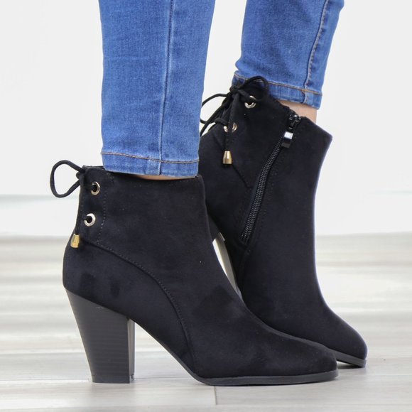 Black Pointed Toe Low Heel Ankle Boots Back Laces Booties Faux Suede - Picture 3 of 15